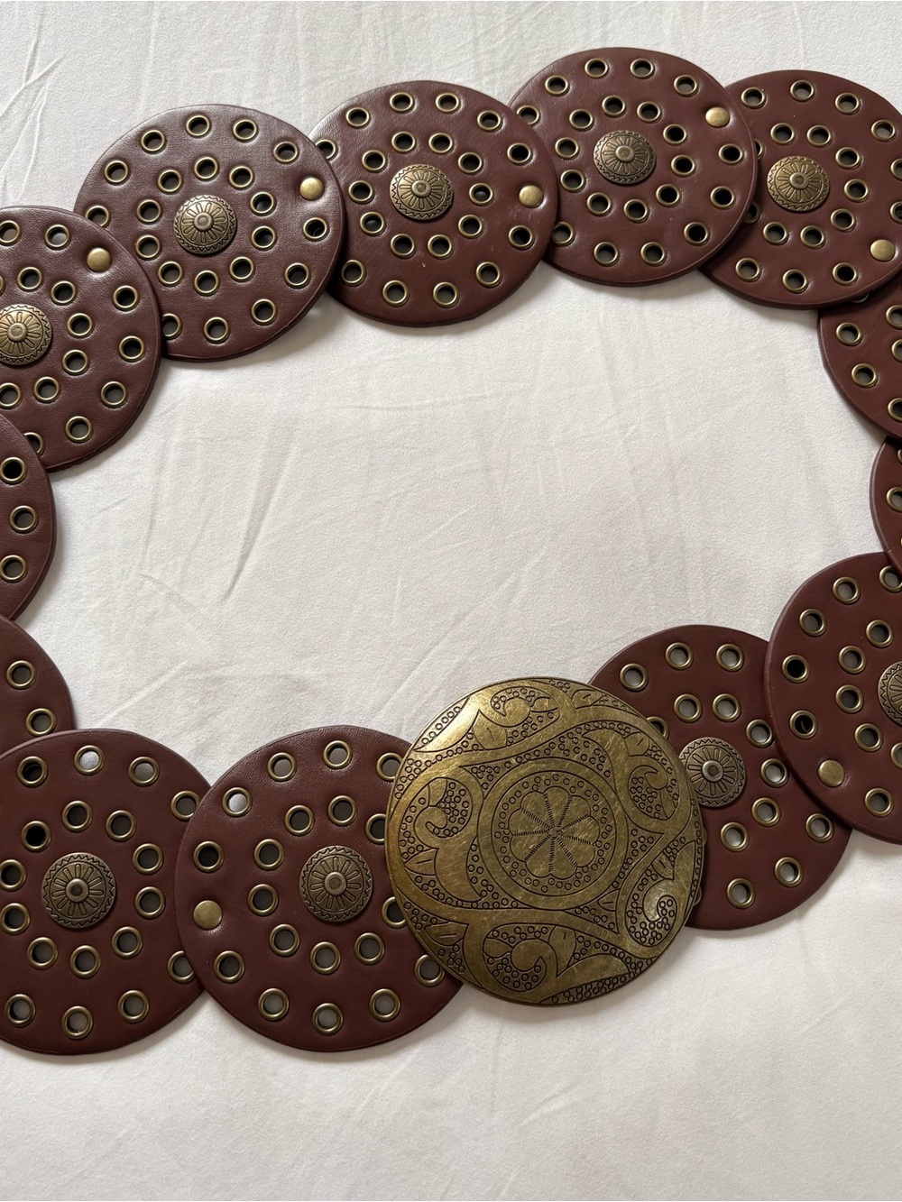 Decorative Brown Leather Medallion Belt with Antique Brass Accents